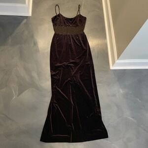 Cachet Vintage Brown Velvet Beaded Mesh Waist Maxi Gown Dress 12 Y2K Whimsigoth
